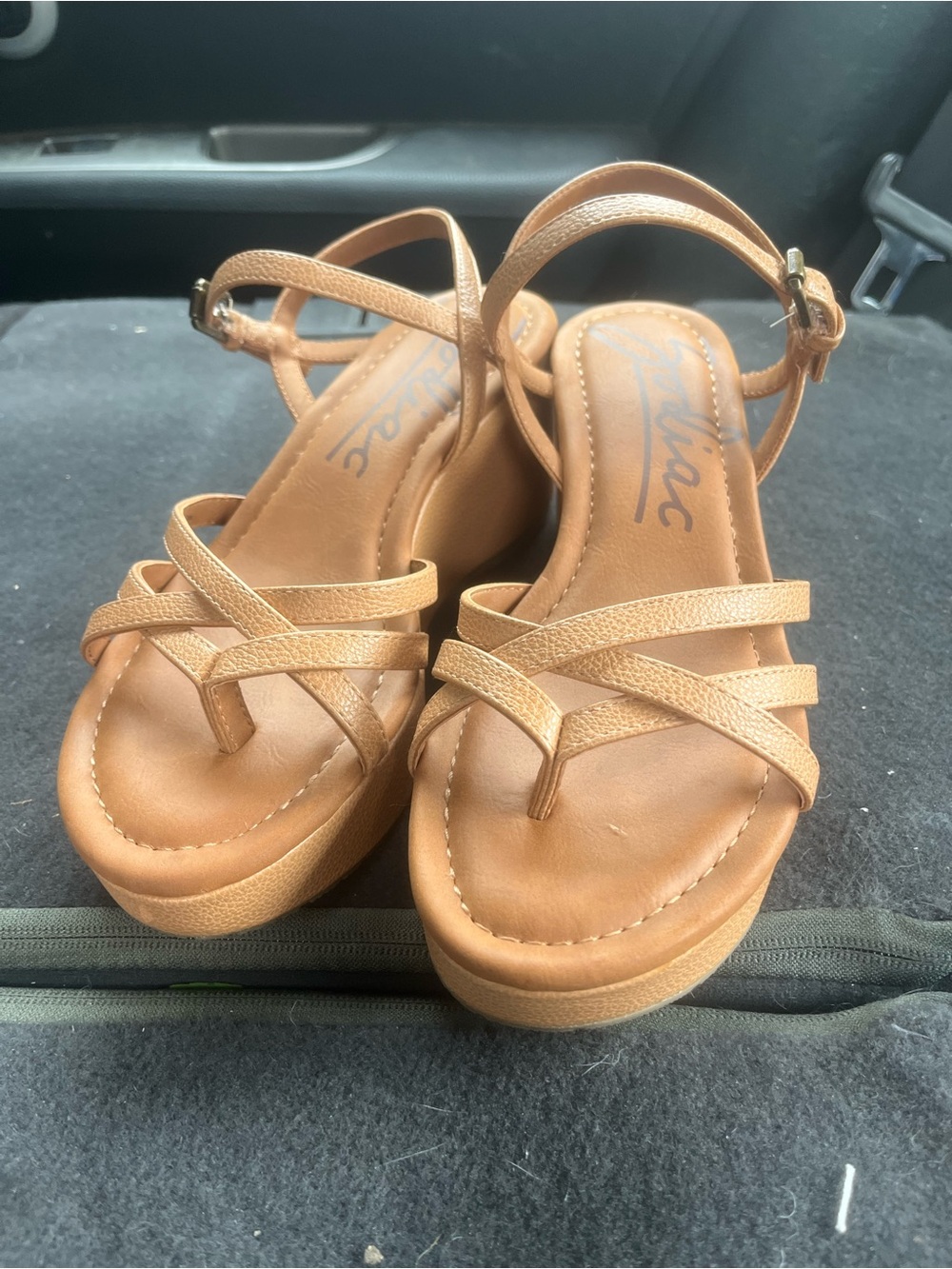 Zodiac Tan Crisscross Wedge Sandals with Ankle Strap